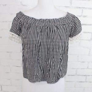 Love Fire Black and White Checkered Pom Pom Top